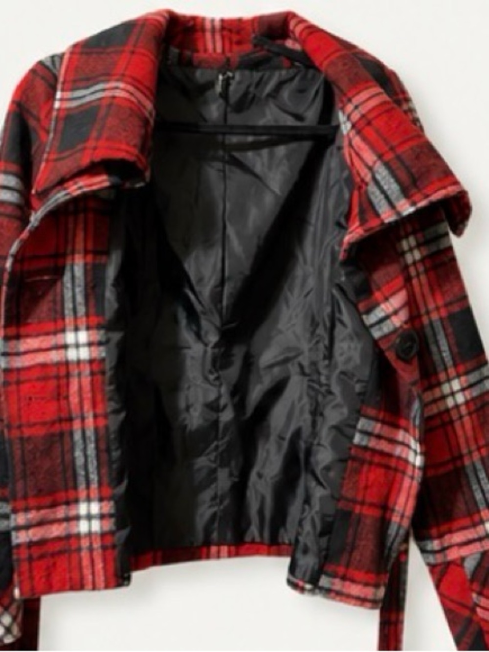 Ambition Red Black Plaid Belted Jacket XL Oversized Collar - Picture 4 of 5